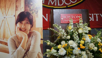 Boston bombing victim Lu Lingzi's photo is seen during her memorial service at Boston University in Boston.Han Youjia/Xinhua 