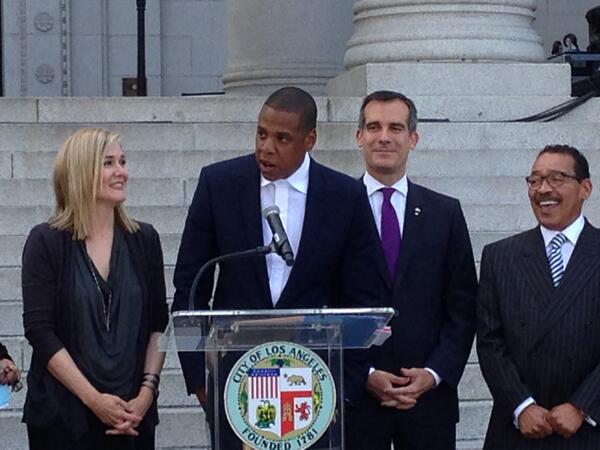 Mayor Garcetti and Jay-Z made the announcement to bring the Made In America Festival to L.A. earlier today. (@NBCLA / Twitpic)