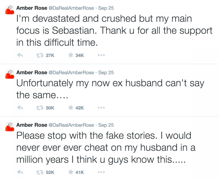 Amber Rose made a series of tweets regarding the divorce and cheating rumors. (@AmberRose / Twitter) Amber Rose made a series of tweets regarding the divorce and cheating rumors. (@AmberRose / Twitter)