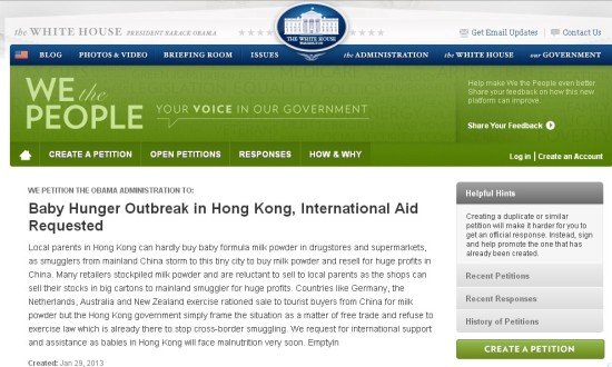 Hong Kong Petitioned the White House to Help Solve the Milk Shortage/ White House Website