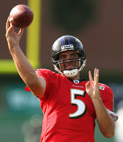 Ravens QB Joe Flacco (pictured) and 49ers QB Colin Kaepernick are the first QBs in Super Bowl history to have no Pro Bowl selections. (Keith Allison/Creative Commons)