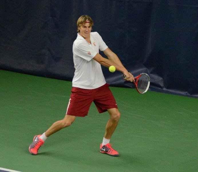 Sophomore Max de Vroome sealed the Trojans' 100th championship in school history. (USC Men's Tennis/Facebook)