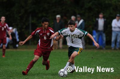 Matthew Tufts, 7, battles for control of the ball in a 3-1 Windsor victory over Black River. (James M. Patterson/Valley News)