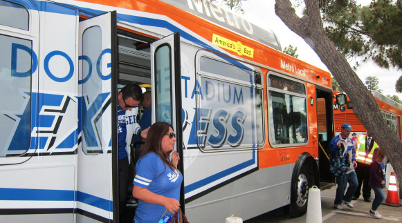 The best part about the Dodger Stadium Express? It's free with a ticket to the game. (Metro Library and Archive/CC Flickr) The best part about the Dodger Stadium Express? It's free with a ticket to the game. (Metro Library and Archive/CC Flickr)