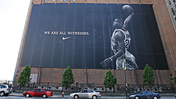 The city once tore down this banner praising LeBron. A new one has already been constructed. (Nathaniel S. Butler/Getty Images)