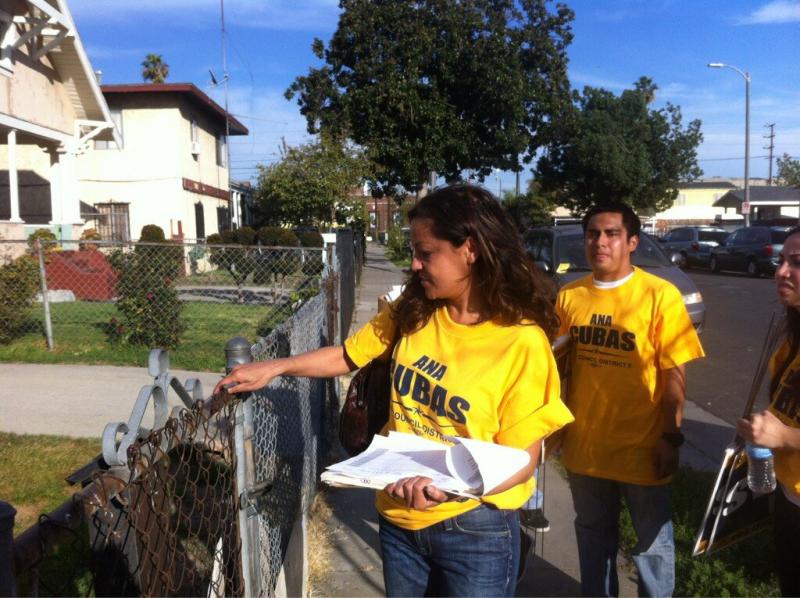 Ana Cubas walks door-to-door, asking South LA residents to elect her as the next LA City Council member. (Heather Navarro) Ana Cubas walks door-to-door, asking South LA residents to elect her as the next LA City Council member. (Heather Navarro)