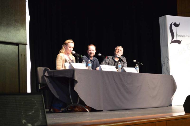 Pamela Ribon, John Scalzi and Jon Shestack (Angie Fiedler Sutton/Neon Tommy). Pamela Ribon, John Scalzi and Jon Shestack (Angie Fiedler Sutton/Neon Tommy).