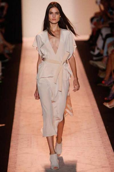 Model Blanca Padilla glides down the runway in blush tones (@NextModels/Twitter). Model Blanca Padilla glides down the runway in blush tones (@NextModels/Twitter).