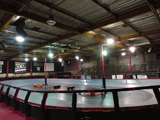 The L.A. Derby Dolls’ banked track is 100’ x 60’, and was built and designed by people involved with the L.A. Derby Dolls community - players, friends, family, and volunteers (Janelle Cabuco/Neon Tommy). The L.A. Derby Dolls’ banked track is 100’ x 60’, and was built and designed by people involved with the L.A. Derby Dolls community - players, friends, family, and volunteers (Janelle Cabuco/Neon Tommy).