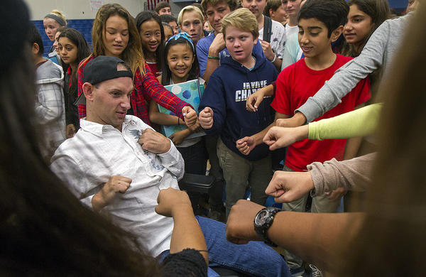 Overdose survivor Aaron Rubin speaking to school children about the dangers of drug abuse (Twitter @mckennaa429) Overdose survivor Aaron Rubin speaking to school children about the dangers of drug abuse (Twitter @mckennaa429)