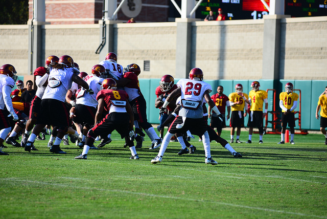 Defense dominated in Saturday's spring game, much like they have been during practices. (Neon Tommy/Charlie Magovern) Defense dominated in Saturday's spring game, much like they have been during practices. (Neon Tommy/Charlie Magovern)