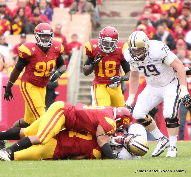George Uko (90) and the rest of the defense have been dominating practices thus far (Neon Tommy). George Uko (90) and the rest of the defense have been dominating practices thus far (Neon Tommy).