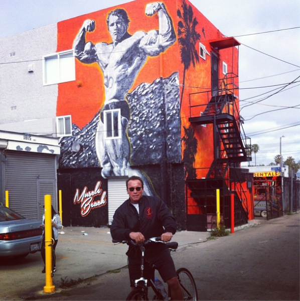Schwarzenegger posted this photo of himself posing in front of a portrait of himself on Instagram. (via Flickr) Schwarzenegger posted this photo of himself posing in front of a portrait of himself on Instagram. (via Flickr)
