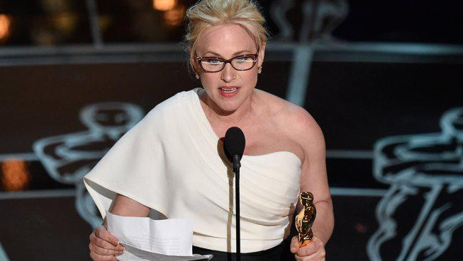Patricia Arquette delivering her Oscar speech (Twitter, @THR) Patricia Arquette delivering her Oscar speech (Twitter, @THR)