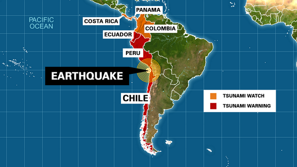 An 8.0 magnitude quake rocked the coast of Chile Tuesday. (Twitter/@CNNbrk) An 8.0 magnitude quake rocked the coast of Chile Tuesday. (Twitter/@CNNbrk)